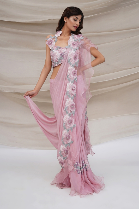 Pink Floral Sequin Saree