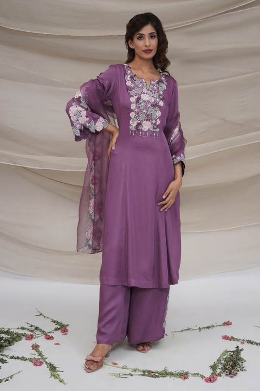 Lavender hand embroidered kurta set