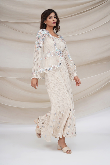 Ivory Crochet Gown with Tule Cape