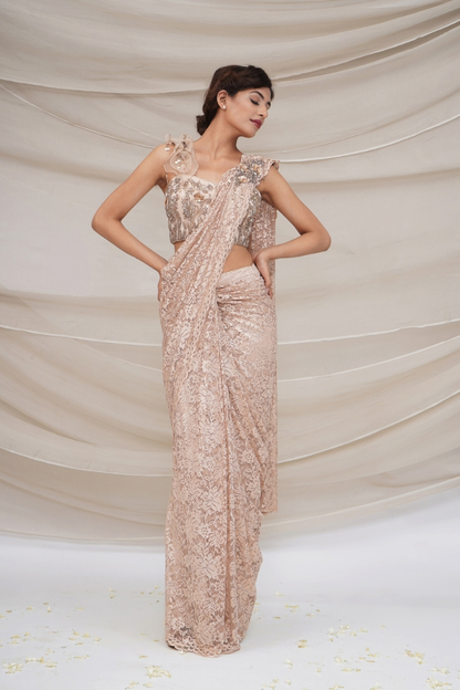 Champaign Gold Lace Pre Stiched Saree