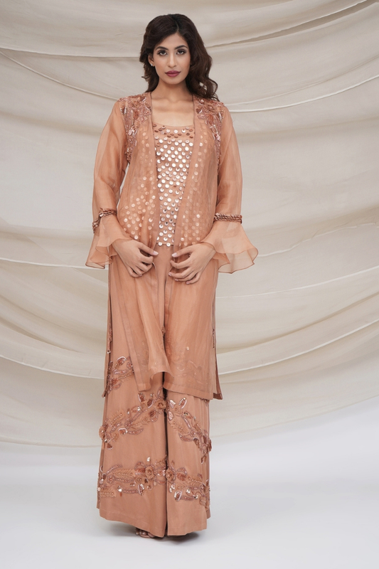 Bronze Sequin cami with jacket and flared trousers