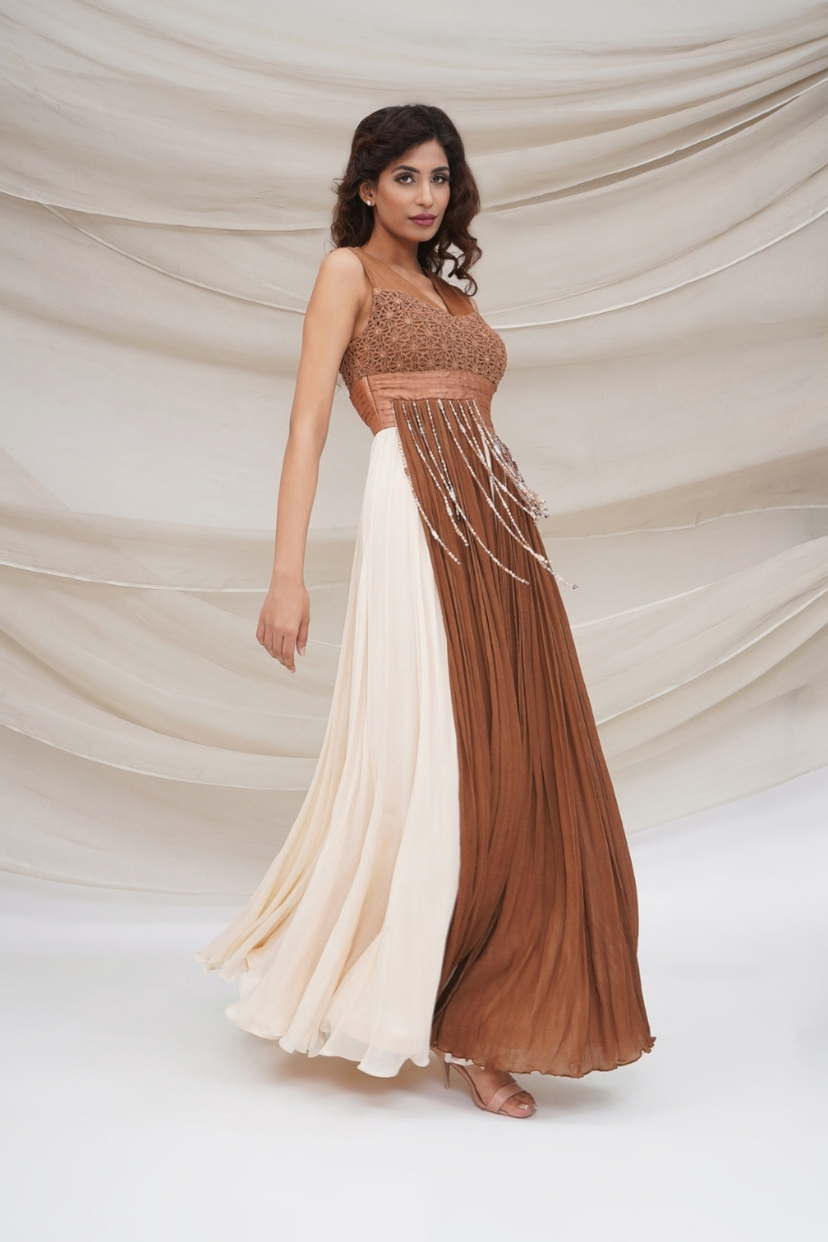 Bronze and cream layered pleated Gown