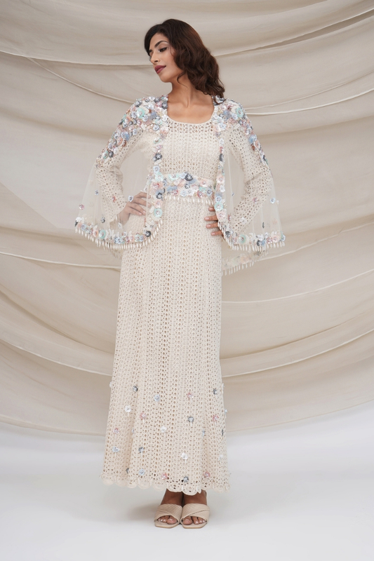 Ivory Crochet Gown with Tule Cape