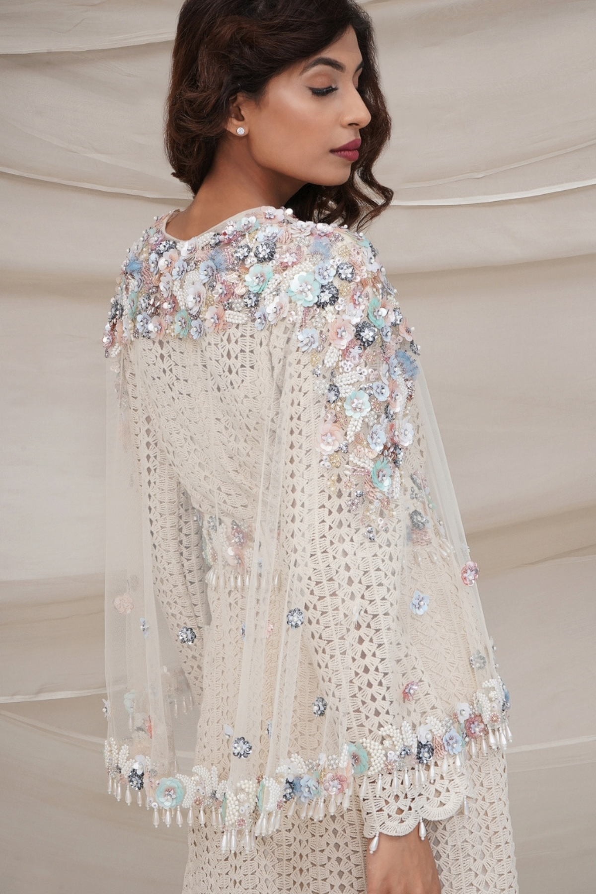 Ivory Crochet Gown with Tule Cape