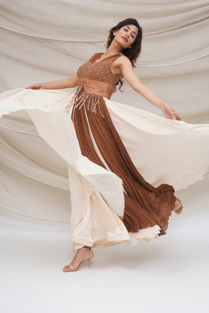 Bronze and cream layered pleated Gown