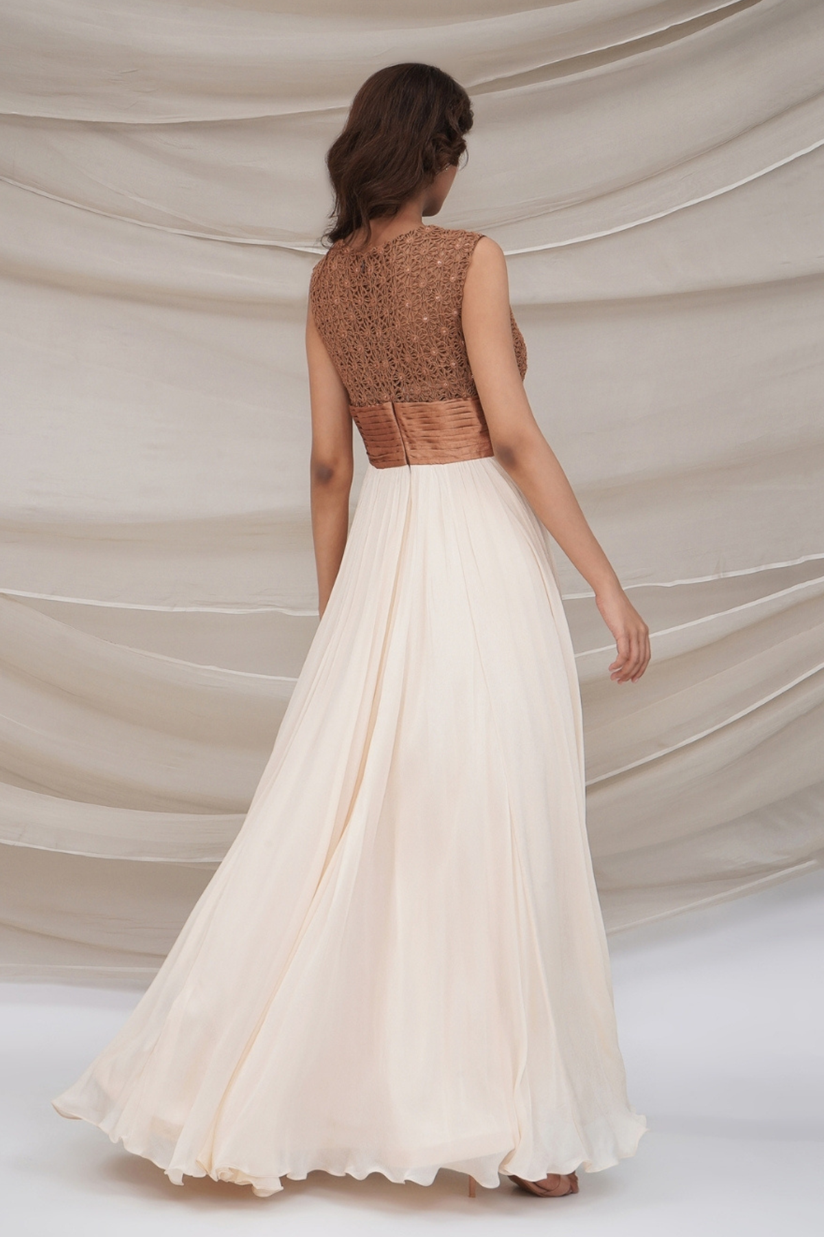 Bronze and cream layered pleated Gown