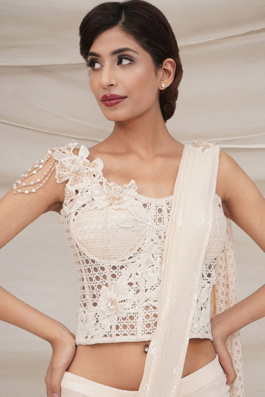 Mesh corset with drape sequin sari