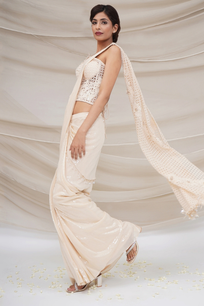 Mesh corset with drape sequin sari
