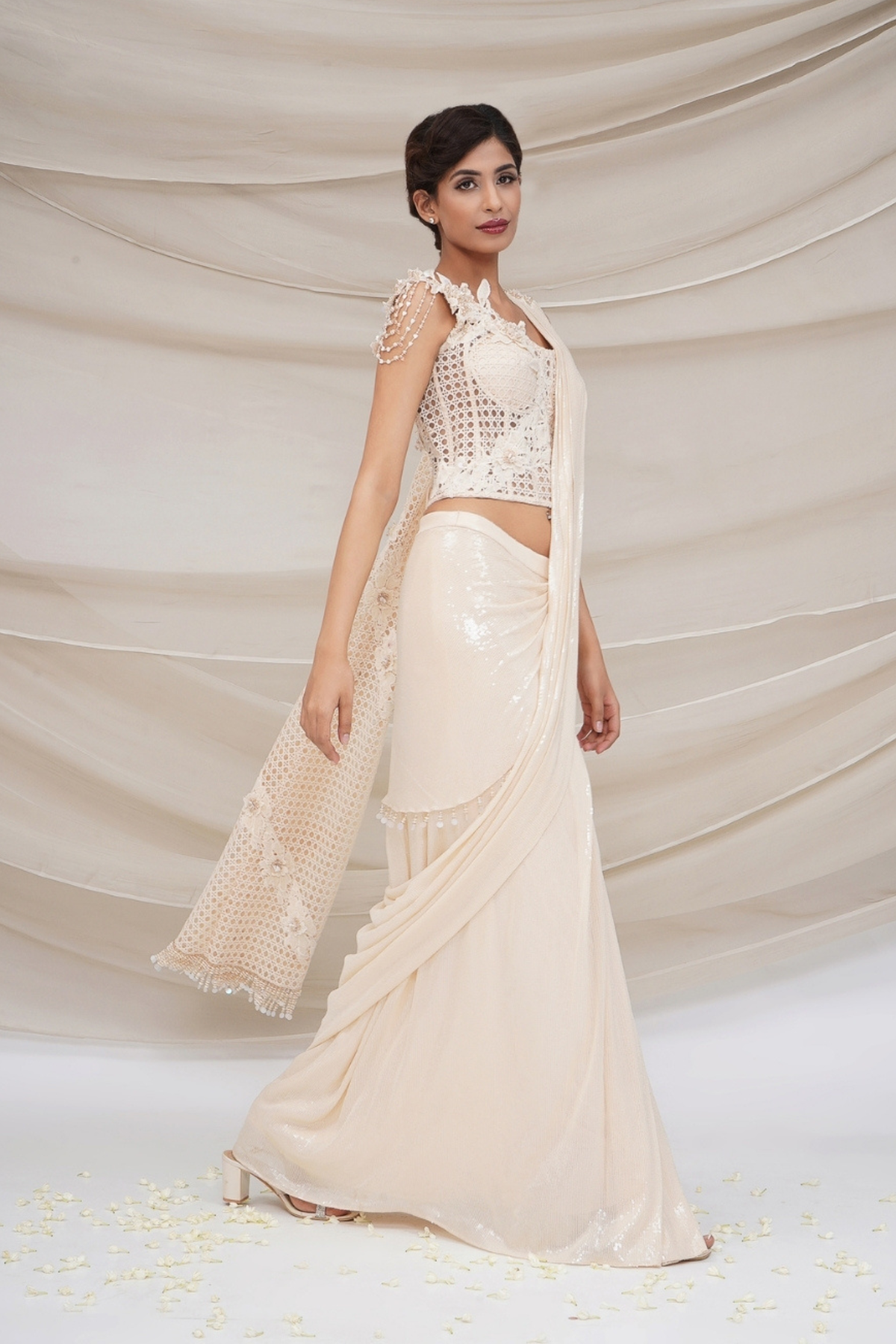 Mesh corset with drape sequin sari