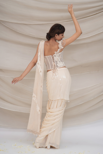 Mesh corset with drape sequin sari
